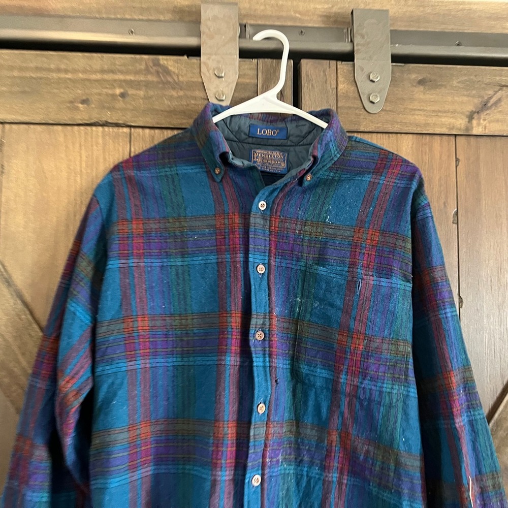 Vintage Pendleton Lobo Wool Plaid Shirt Mens Medium Teal Purple Made in USA - Picture 2 of 5